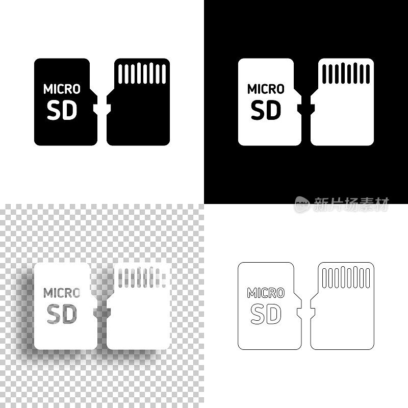 Micro SD卡-前后视图。图标设计。空白，白色和黑色背景-线图标